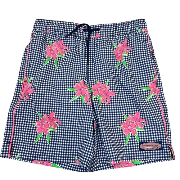 Vineyard Vines 7" PRINTED CHAPPY SWIM TRUNKS, GINGHAM & OLEANDER Boys Medium